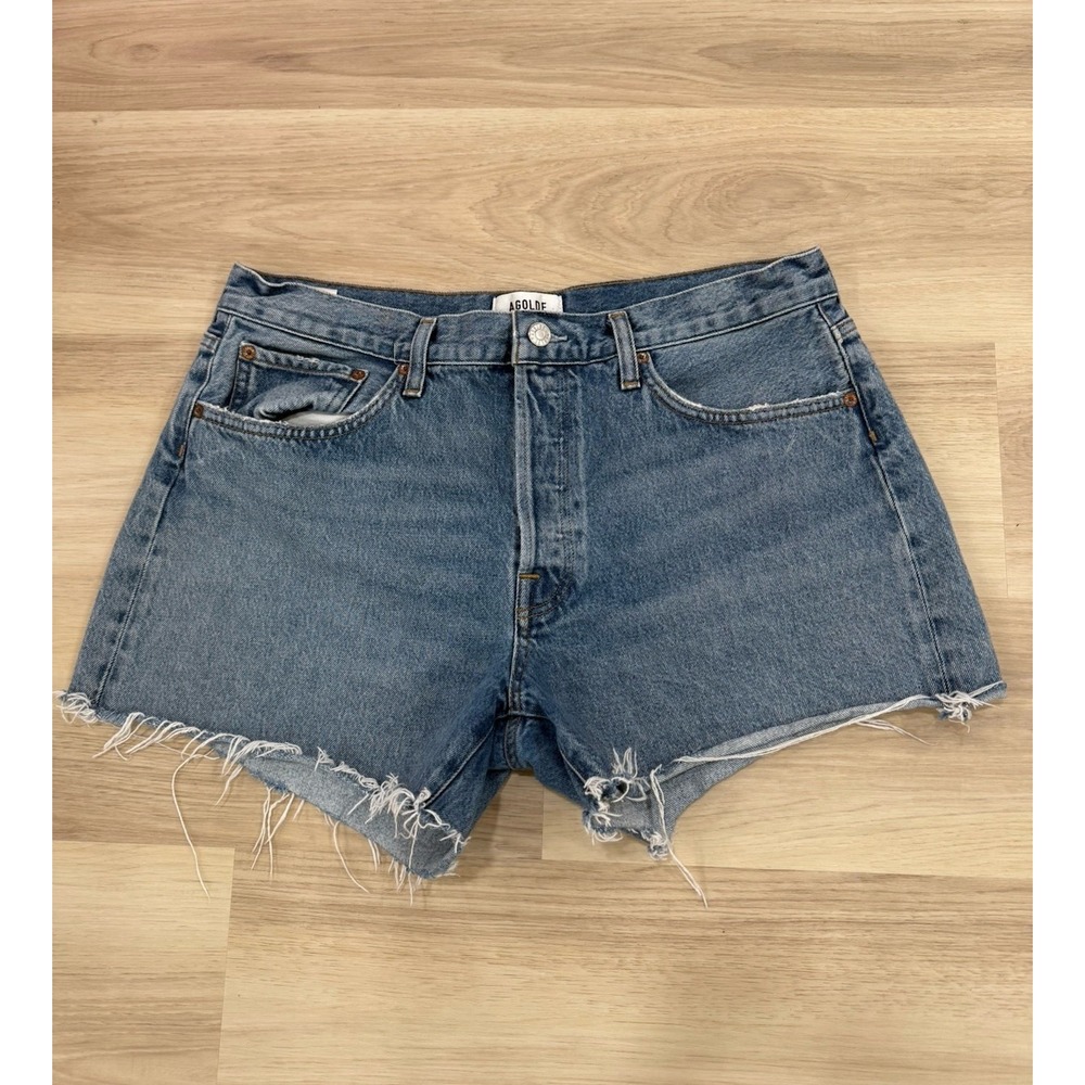 AGOLDE Parker Long Denim Shorts Blue Distressed High Rise A9010-1142 Womens 31